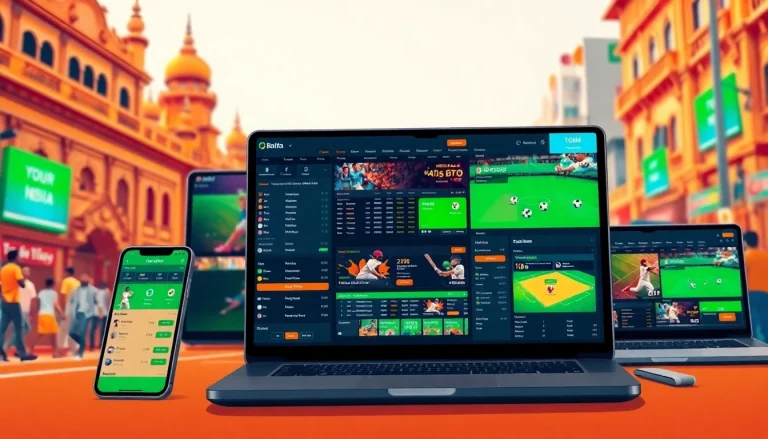 Engaging view of online sportsbooks India showcasing vibrant betting interfaces in a bustling Indian city.