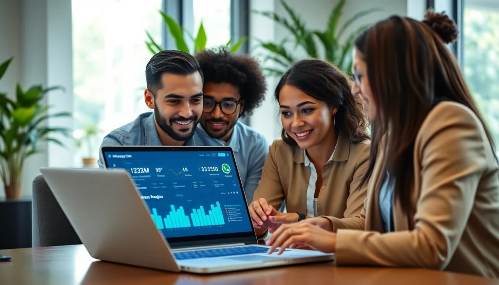 Engaged team analyzing data on a WhatsApp Smart CRM dashboard in a modern office setting.