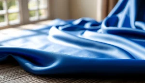 Satijn stof met glanzende textuur en rijke kleuren op een houten achtergrond.