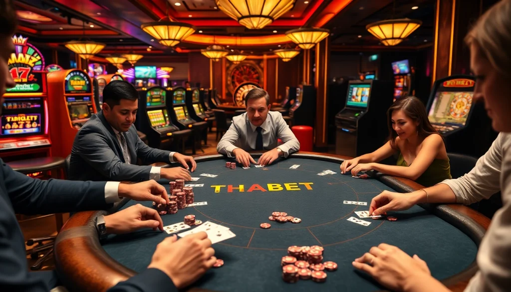 Players enjoying an engaging game at THABET casino table with vibrant atmosphere.