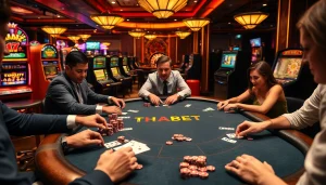 Players enjoying an engaging game at THABET casino table with vibrant atmosphere.
