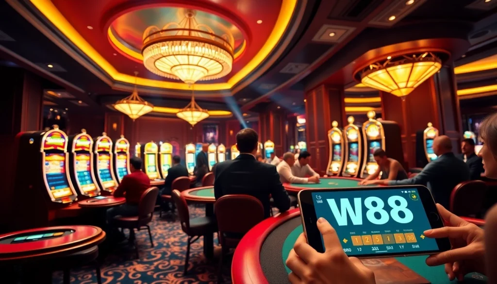 Engaging casino scene highlighting W88 link, players enjoying poker and slots amidst luxurious decor.