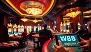 Engaging casino scene highlighting W88 link, players enjoying poker and slots amidst luxurious decor.