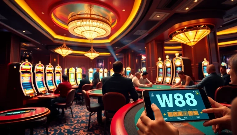 Engaging casino scene highlighting W88 link, players enjoying poker and slots amidst luxurious decor.
