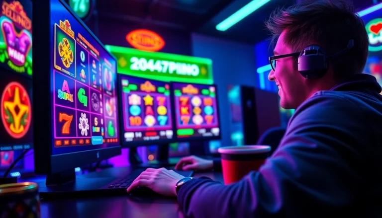 Situs kode4d gamer immersed in vibrant online slot games, showcasing excitement and trust.