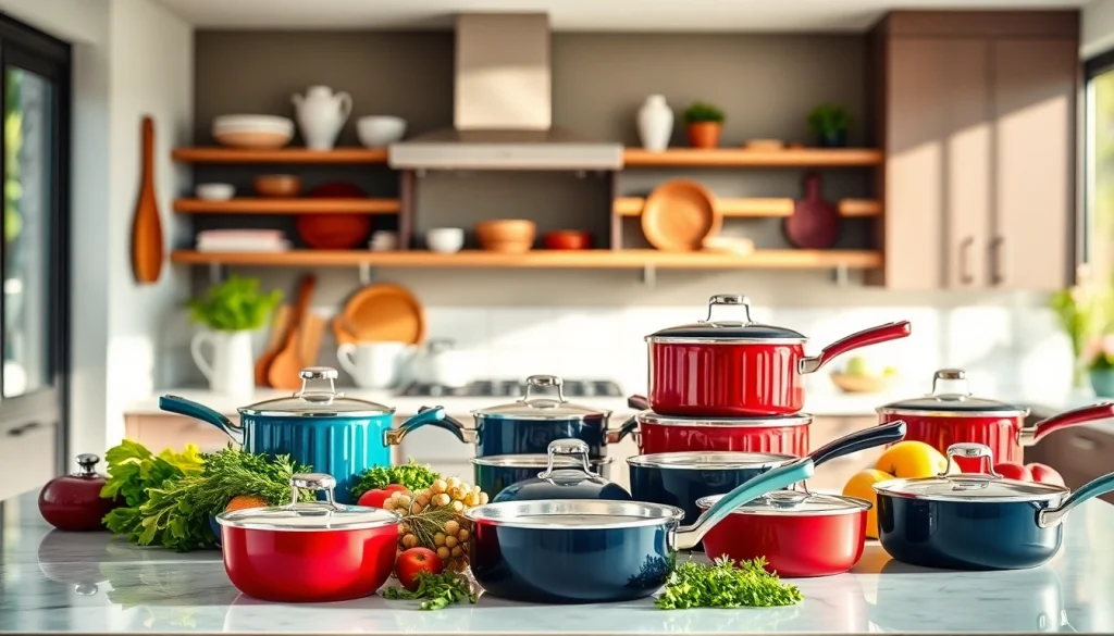 Showcase of quality kitchenware Auckland tools and elegant cookware in a modern kitchen.