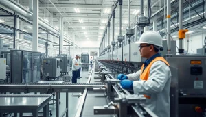 Süßstofffabrik mit digitalen Maschinen und engagierten Mitarbeitern auf dem Produktionsgelände.