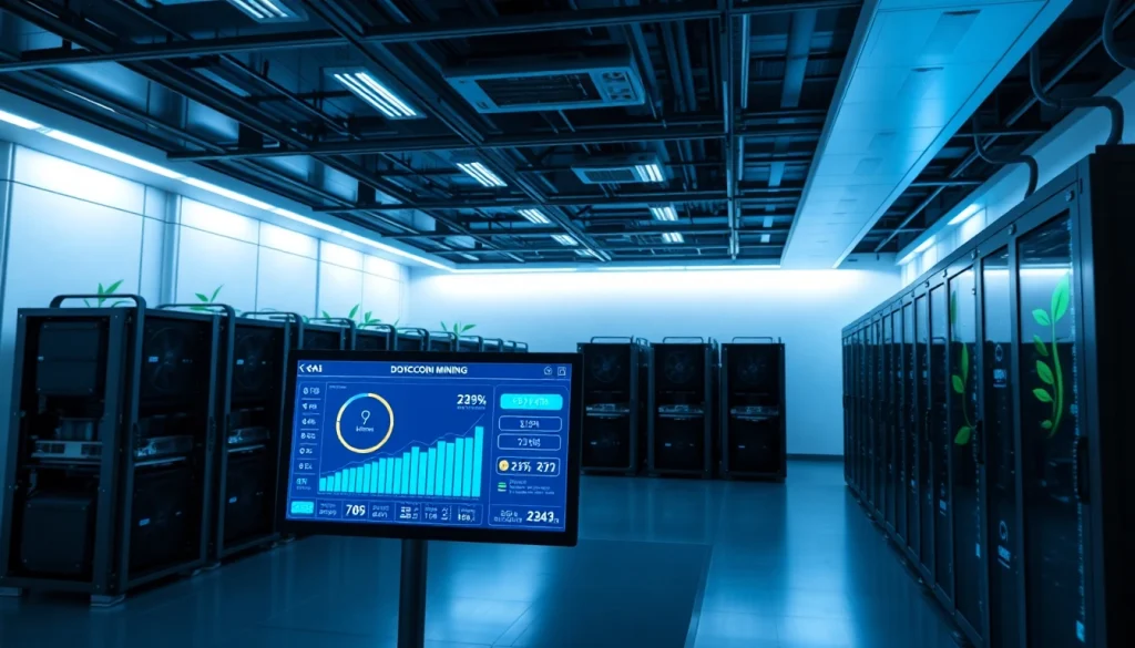 Visualizing dogecoin cloud mining profit in a modern, AI-driven facility with renewable energy.