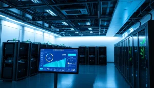 Visualizing dogecoin cloud mining profit in a modern, AI-driven facility with renewable energy.