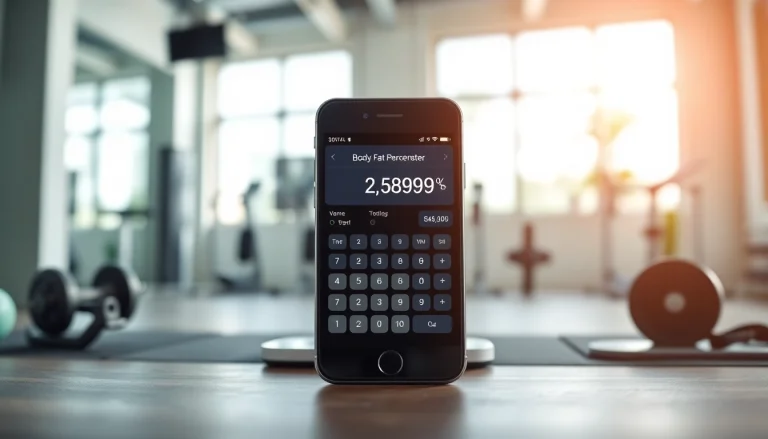 Calculate your body fat percentage calculator using a digital device in a modern fitness studio.