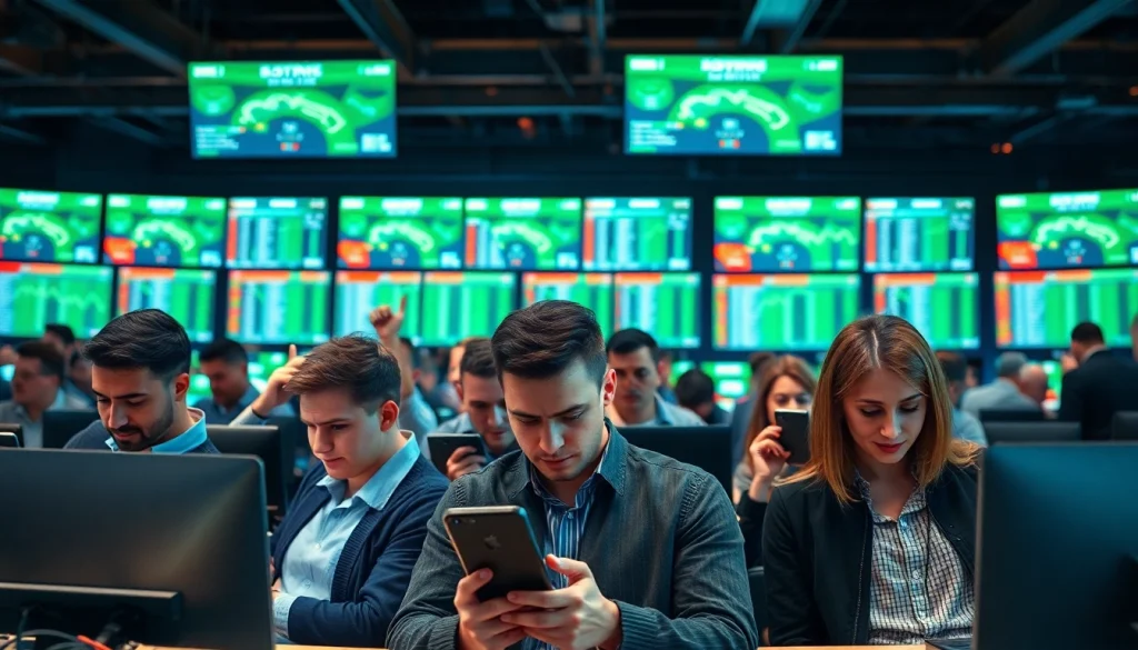 Engaging bettors using online sportsbooks Canada on multiple devices in an energetic atmosphere.