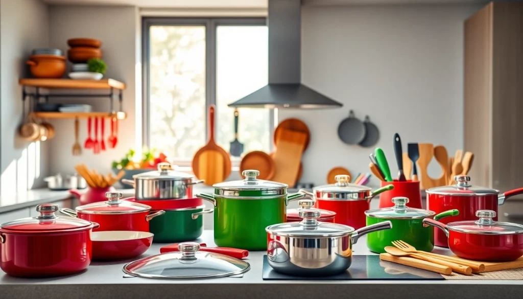 Shop premium kitchenware Auckland showcasing vibrant cookware in a modern kitchen.