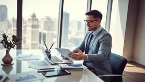 카드현금화 전략을 분석하는 전문가의 모습과 현대적인 사무실 풍경