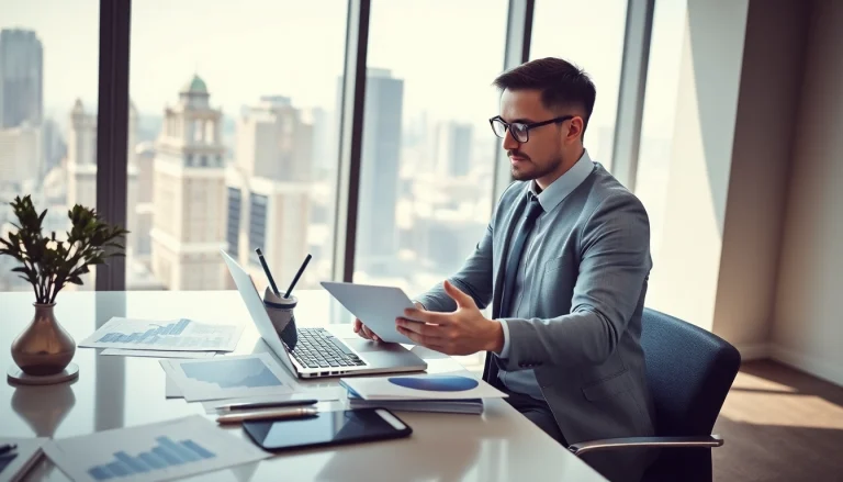 카드현금화 전략을 분석하는 전문가의 모습과 현대적인 사무실 풍경