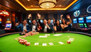 Experience the excitement of Đá Gà Thomo BJ888 with vibrant casino elements and excited players.