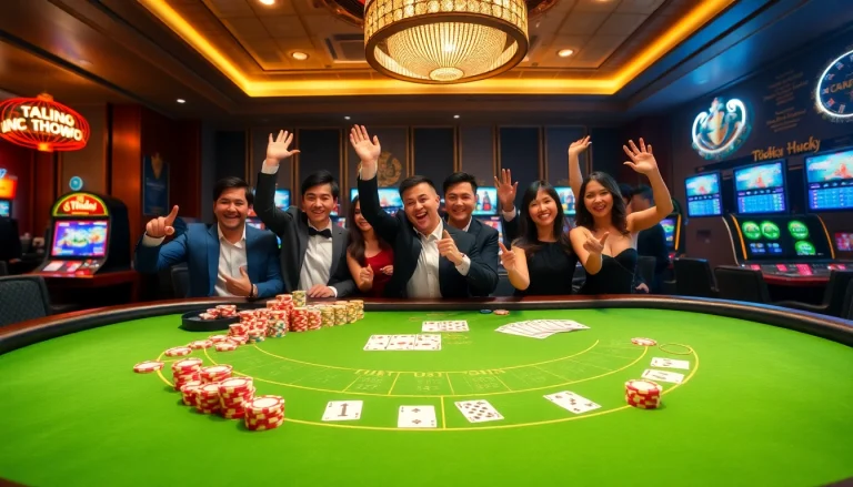 Experience the excitement of Đá Gà Thomo BJ888 with vibrant casino elements and excited players.