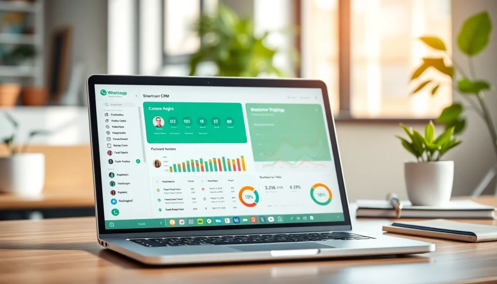 Enhance your business with WhatsApp Smart CRM interface shown in a modern office setting.