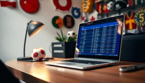 Explore online sportsbooks Nova Scotia with a laptop showcasing betting odds among sports memorabilia.