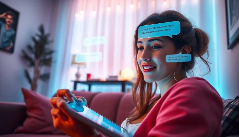 Engaging in a friendly sex AI chat on a sleek device in an ambient room.