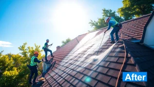 Roof cleaning in progress, showcasing a professional team removing algae and stains for a pristine finish.