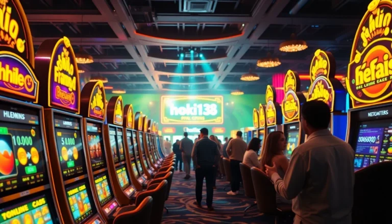 Exciting online gaming scene featuring hoki138 pro slot machines, vibrant atmosphere with players.