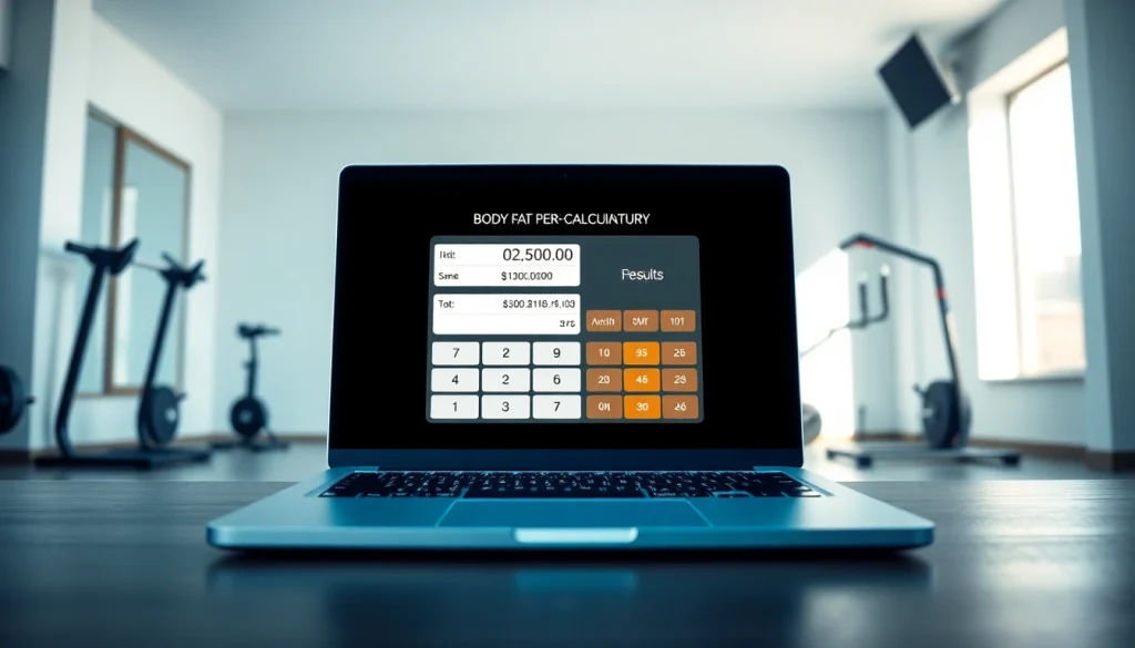 Calculate body fat percentage with a modern body fat percentage calculator on a sleek laptop in a gym.