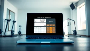 Calculate body fat percentage with a modern body fat percentage calculator on a sleek laptop in a gym.