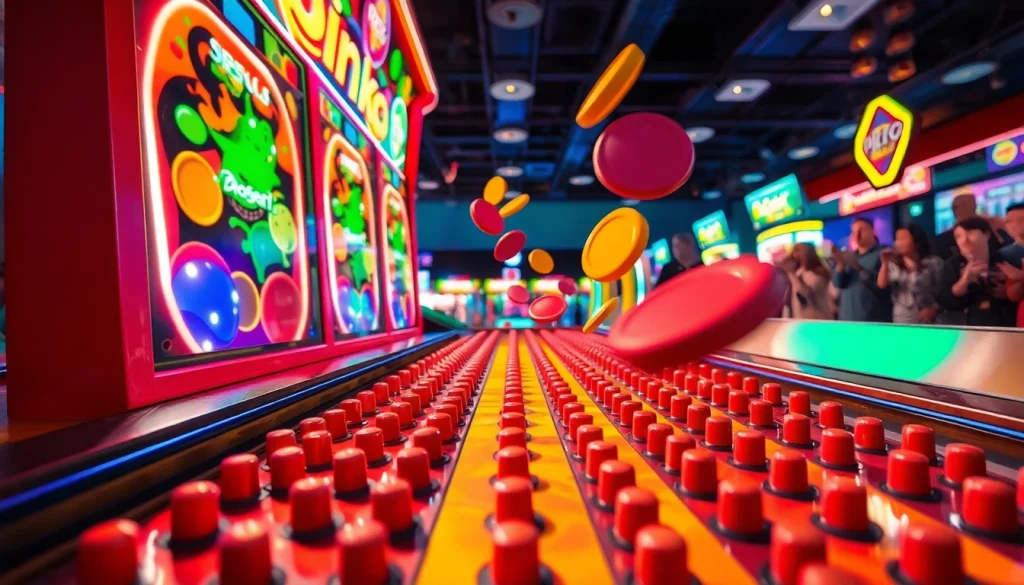 Permainan plinko demo yang menarik dengan papan penuh dengan pin dan warna-warni cerah.