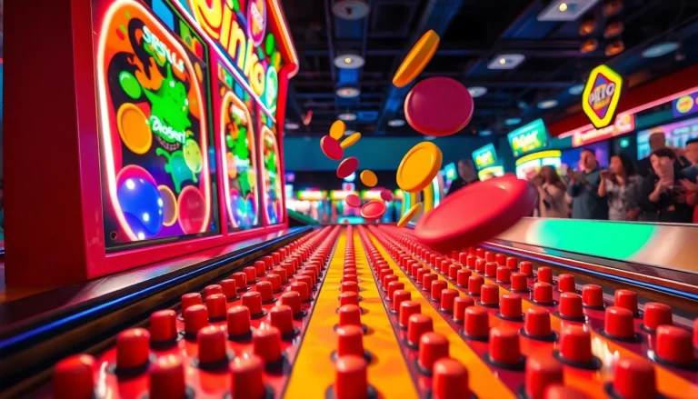 Permainan plinko demo yang menarik dengan papan penuh dengan pin dan warna-warni cerah.