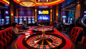 Players enjoying an exciting game at the LC88 bio casino, highlighting vibrant poker and roulette tables.