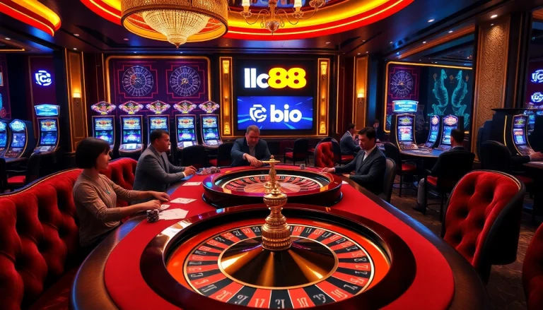 Players enjoying an exciting game at the LC88 bio casino, highlighting vibrant poker and roulette tables.