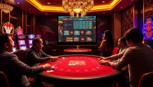 Players enjoying a thrilling game at Nhà Cái TT88 casino table, vibrant slot machines in the backdrop.