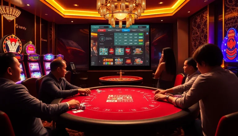 Players enjoying a thrilling game at Nhà Cái TT88 casino table, vibrant slot machines in the backdrop.