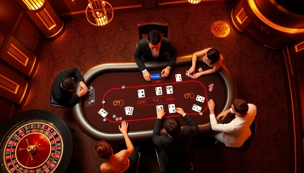 Engage at the TT88 poker table with vibrant chips and dealers in a luxury casino.