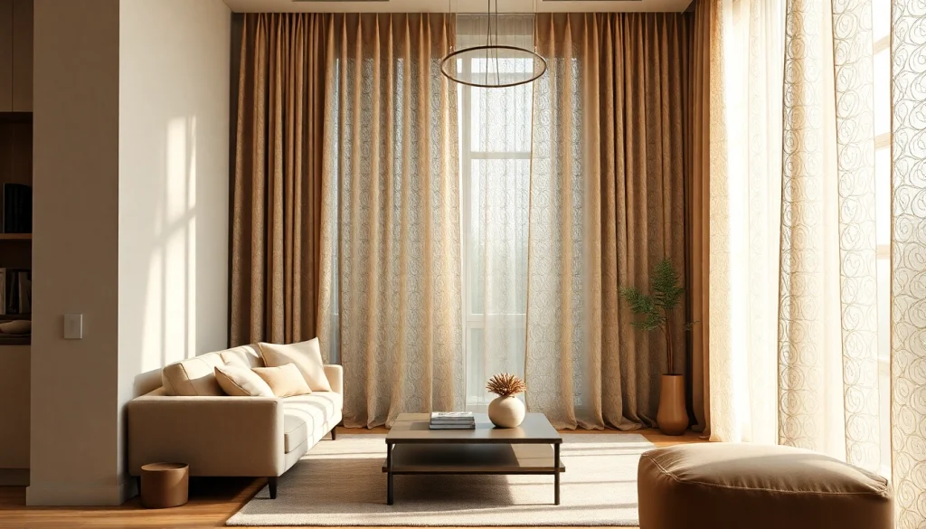 Verduisterende gordijnen transformeren een moderne woonkamer met elegantie en stijl.