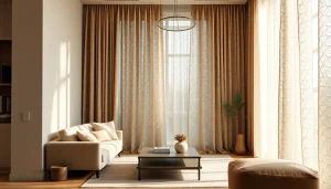 Verduisterende gordijnen transformeren een moderne woonkamer met elegantie en stijl.