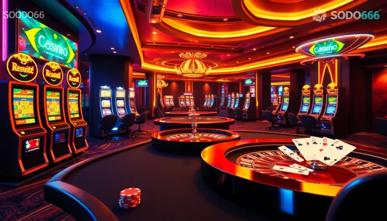 SODO66 offers an enticing online gambling experience with vibrant casino tables and spinning roulette wheels.