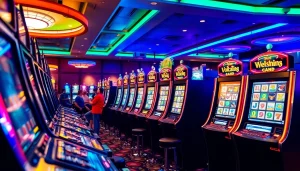 Bermain slot depo 1000 di lingkungan kasino yang menarik dengan cahaya berwarna-warni.