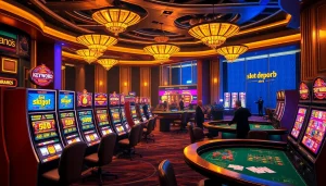 Para pemain berinteraksi dengan mesin slot Depo 5rb di lingkungan kasino mewah yang penuh dengan kegembiraan.