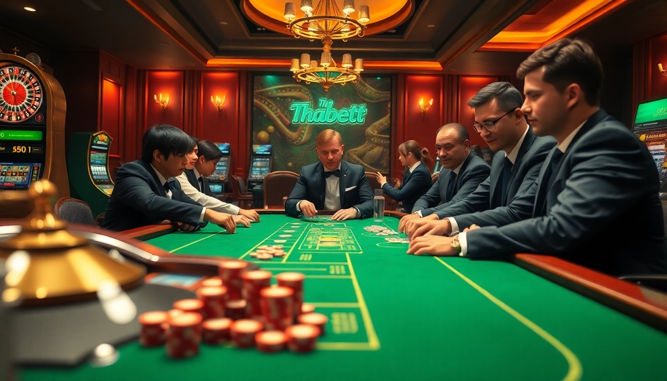 Players enjoying a thrilling game at Thabet77 casino table, showcasing excitement and professional gambling.
