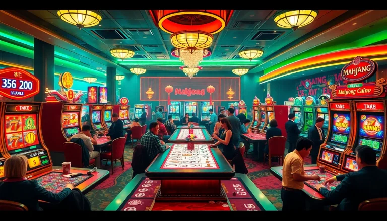 Experience the exciting gameplay of the mahjong slot demo at a vibrant casino with engaging players and colorful machines.