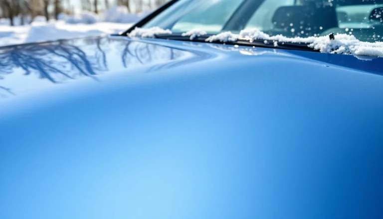 PPF winter road salt protection highlighted on a car's surface amidst snowy conditions.