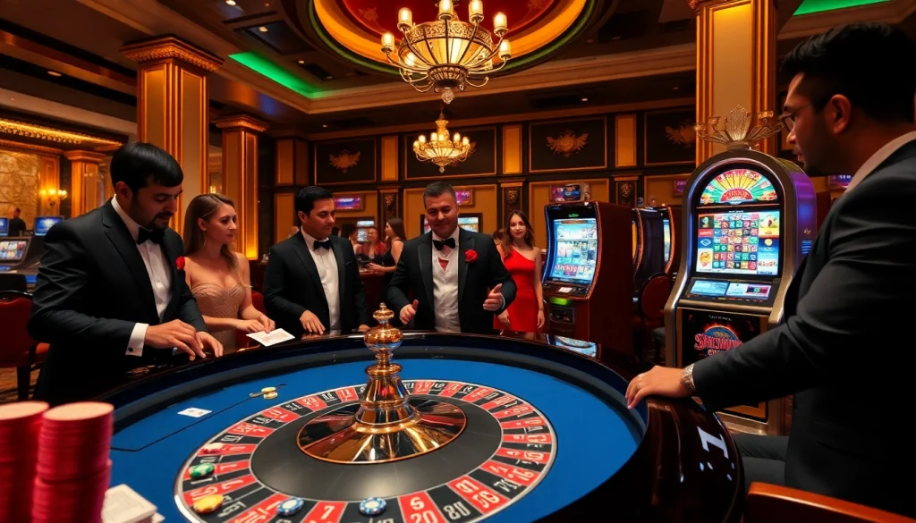 Players engaging in roulette and poker at 555win com's luxurious casino scene, showcasing excitement and strategy.