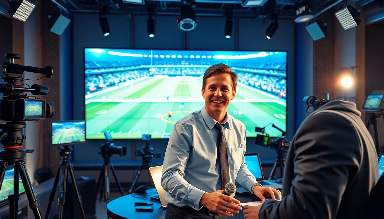 Dynamic sports broadcasting scene with an announcer reporting live from a studio.