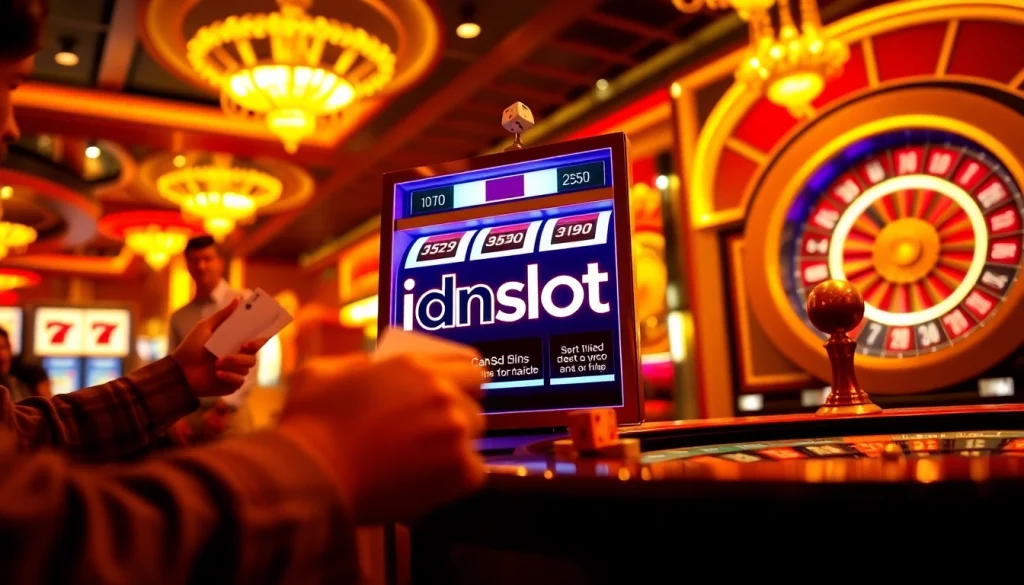 Exciting gameplay at idnslot with casino table games and illuminated slot machines.