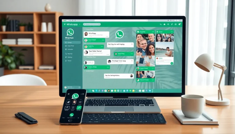 在现代桌面上呈现的 WhatsApp网页版界面，拥有生动的聊天和多媒体分享选项。