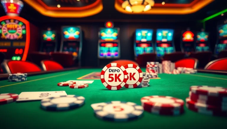 A vibrant casino scene highlighting depo 5k poker chips on a table surrounded by lively gaming elements.