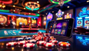 A dynamic gambling scene with S8 Casino app, showcasing vibrant games and poker chips for exciting online play.