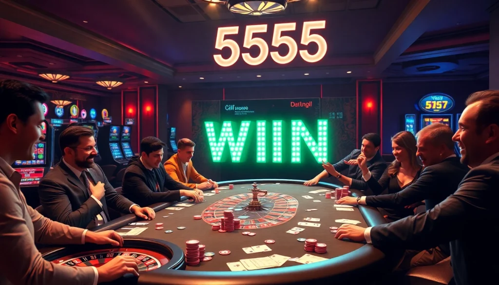 Players celebrating a big win at casino, showcasing 555 win excitement and luxury.