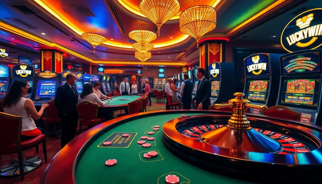 Players enjoying thrilling casino games at Luckywin with vibrant chips and roulette action.